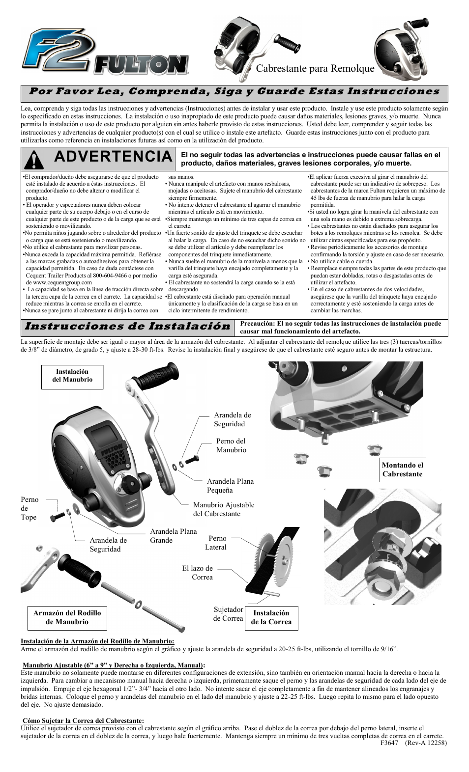 Advertencia, Instrucciones de instalación, Cabrestante para remolque | Fulton Performance FW32000301 User Manual | Page 7 / 10