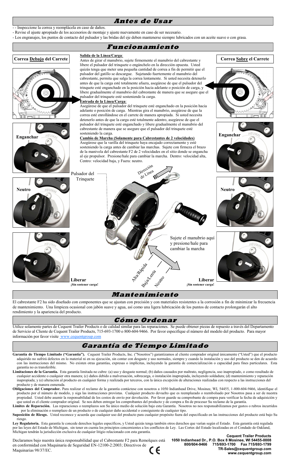 Cómo ordenar, Garantía de tiempo limitado, Funcionamiento | Mantenimiento, Antes de usar | Fulton Performance FW32000301 User Manual | Page 8 / 10