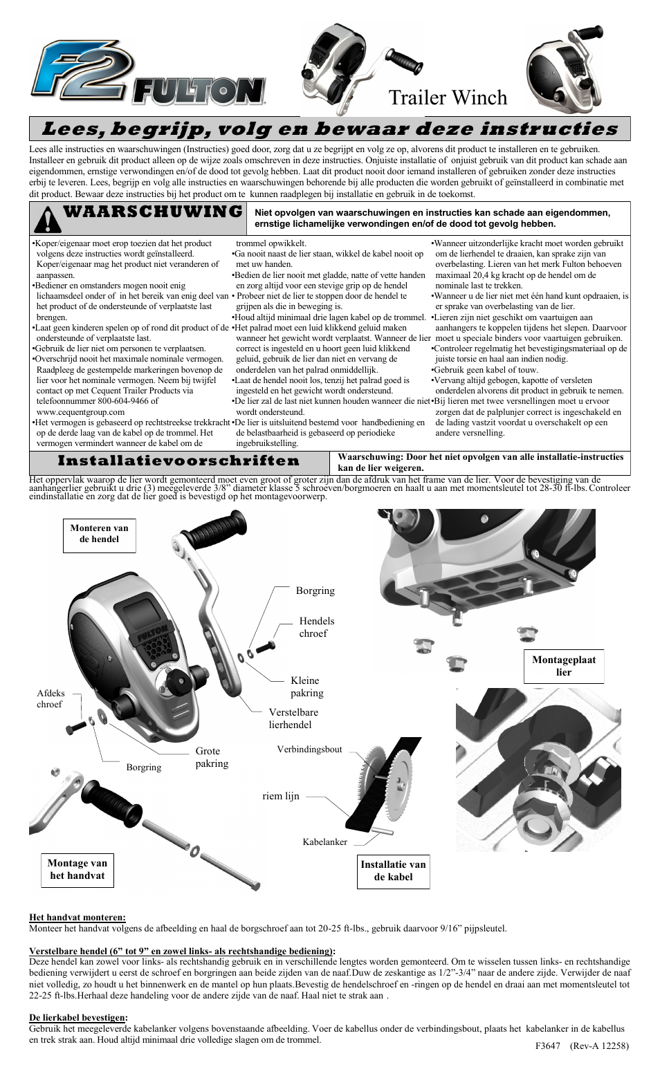 Trailer winch, Lees, begrijp, volg en bewaar deze instructies, Waarschuwing | Installatievoorschriften | Fulton Performance FW32000301 User Manual | Page 9 / 10