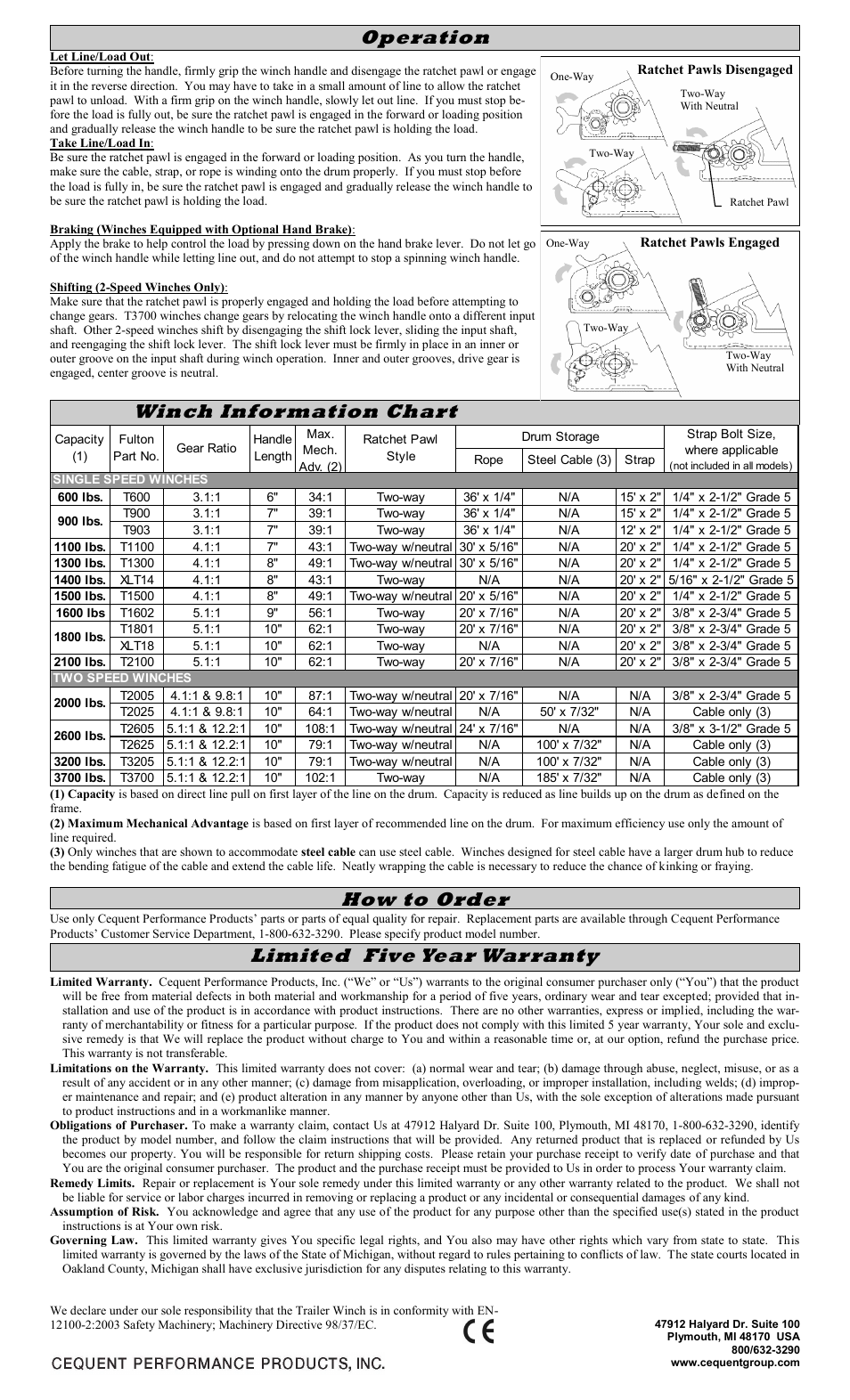 How to order, Limited five year warranty, Operation winch information chart | Fulton Performance XLT26ZC301 User Manual | Page 2 / 8