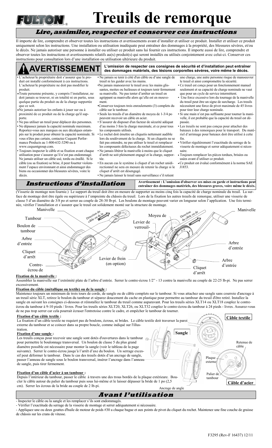 Treuils de remorque, Avertissement, Avant l’utilisation | Instructions d’installation | Fulton Performance XLT26ZC301 User Manual | Page 3 / 8