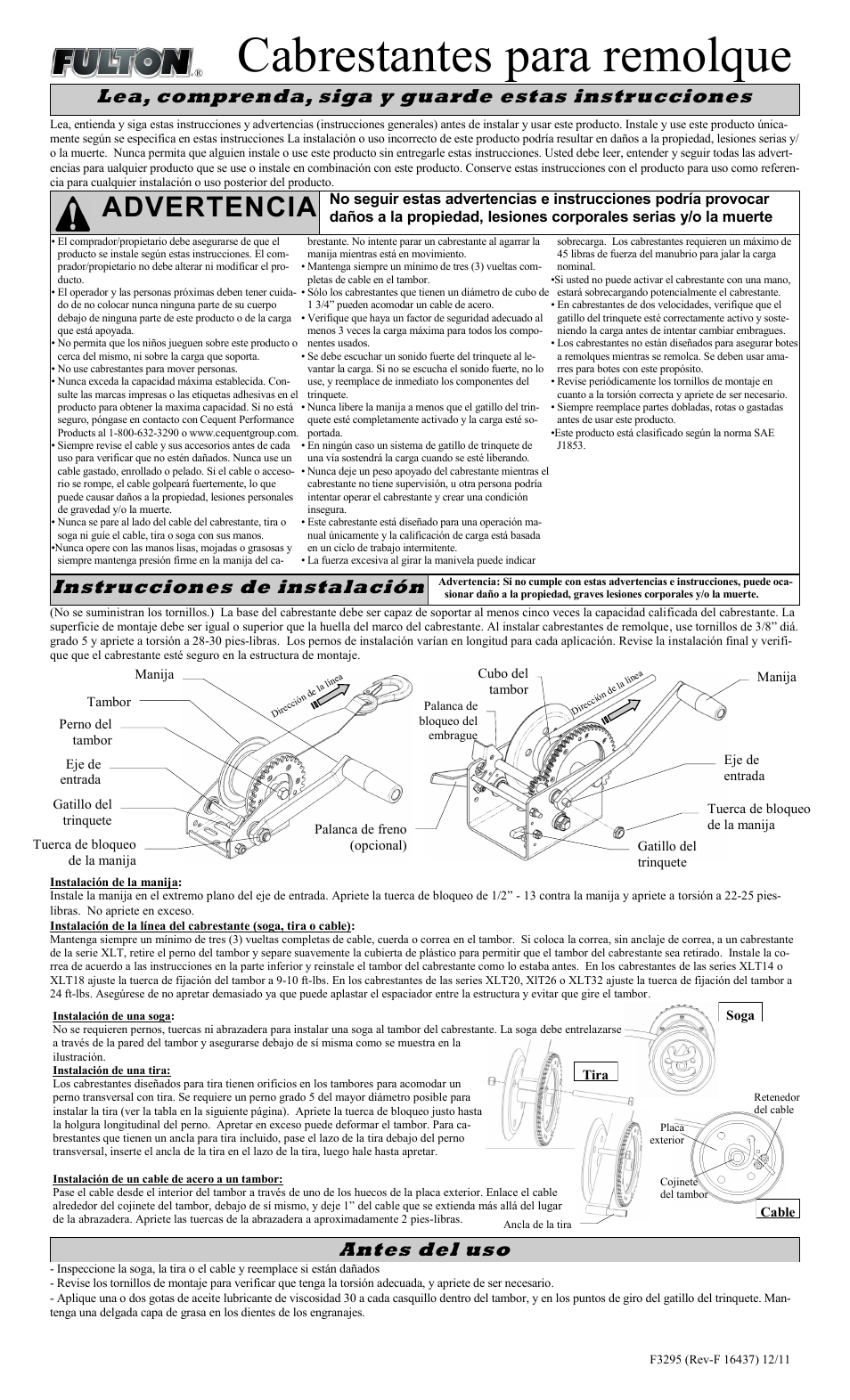 Cabrestantes para remolque, Advertencia, Antes del uso | Instrucciones de instalación, Lea, comprenda, siga y guarde estas instrucciones | Fulton Performance XLT26ZC301 User Manual | Page 5 / 8