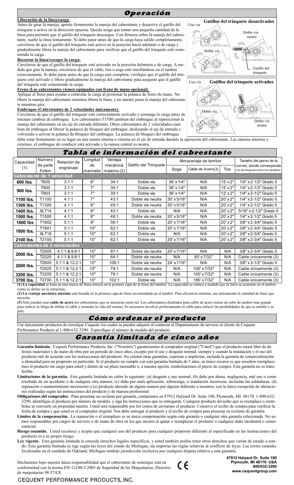 Cómo ordenar el producto, Garantía limitada de cinco años operación, Tabla de información del cabrestante | Fulton Performance XLT26ZC301 User Manual | Page 6 / 8