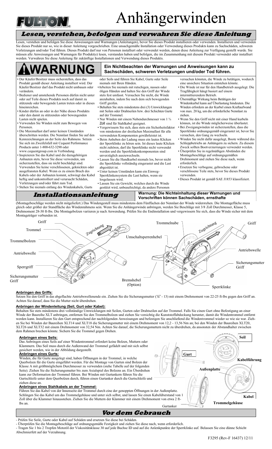 Anhängerwinden, Warnung, Vor dem gebrauch | Installationsanleitung | Fulton Performance XLT26ZC301 User Manual | Page 7 / 8