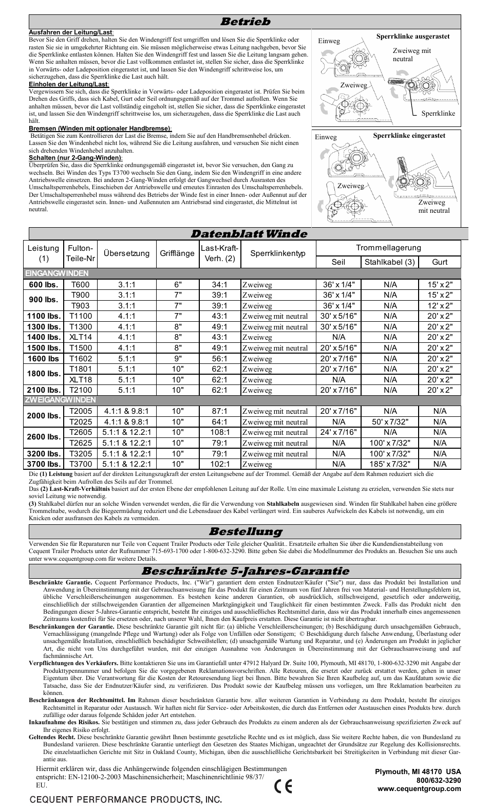 Bestellung, Betrieb, Datenblatt winde | Beschränkte 5-jahres-garantie | Fulton Performance XLT26ZC301 User Manual | Page 8 / 8