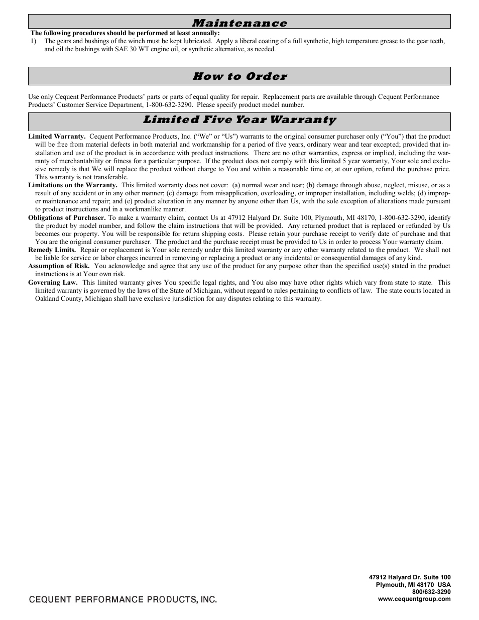 How to order limited five year warranty, Maintenance | Fulton Performance KW30000103 User Manual | Page 2 / 6