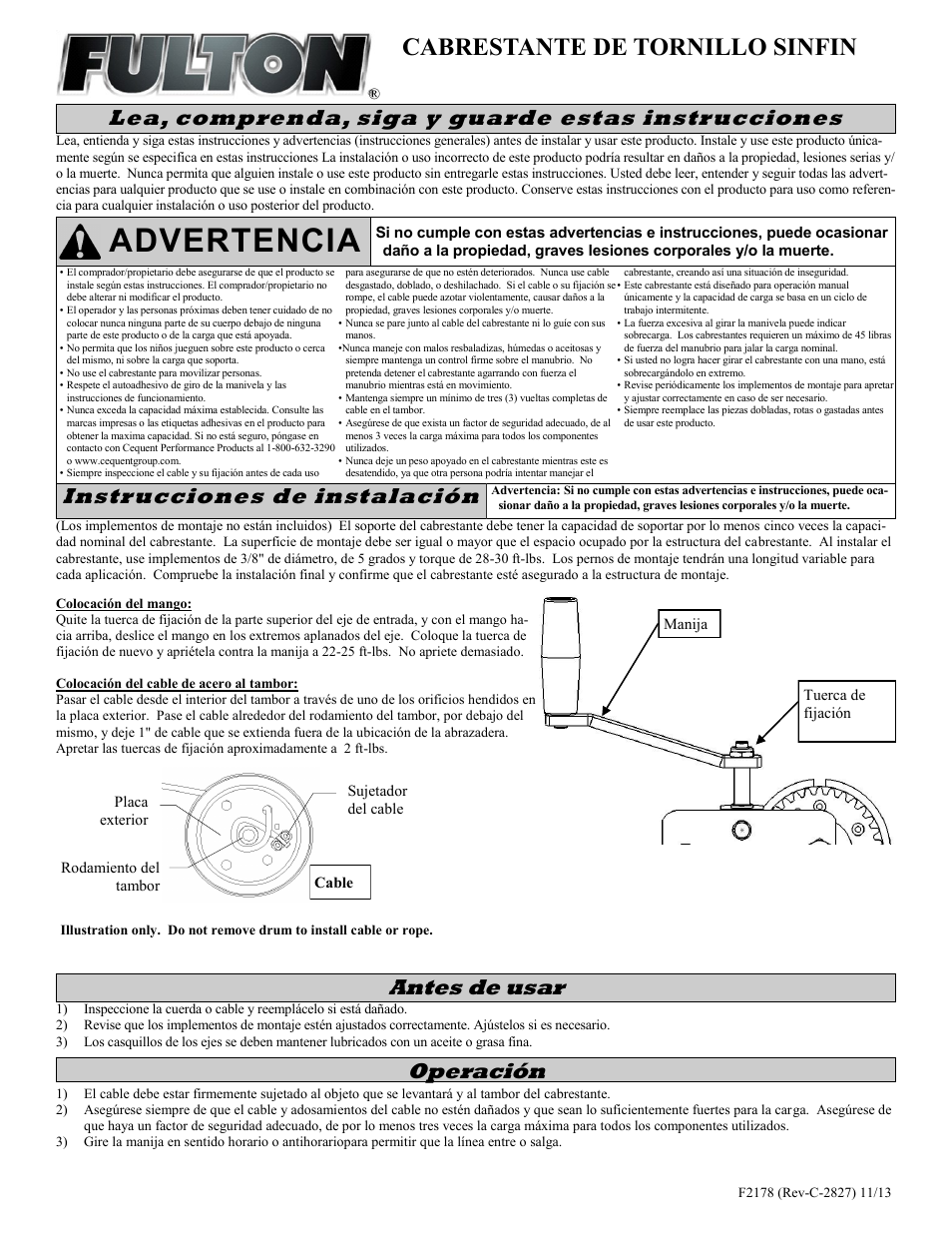 Advertencia, Cabrestante de tornillo sinfin, Lea, comprenda, siga y guarde estas instrucciones | Instrucciones de instalación, Antes de usar, Operación | Fulton Performance KW30000103 User Manual | Page 3 / 6