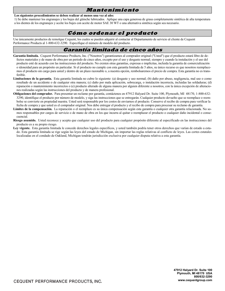 Mantenimiento, Cómo ordenar el producto, Garantía limitada de cinco años | Fulton Performance KW30000103 User Manual | Page 4 / 6