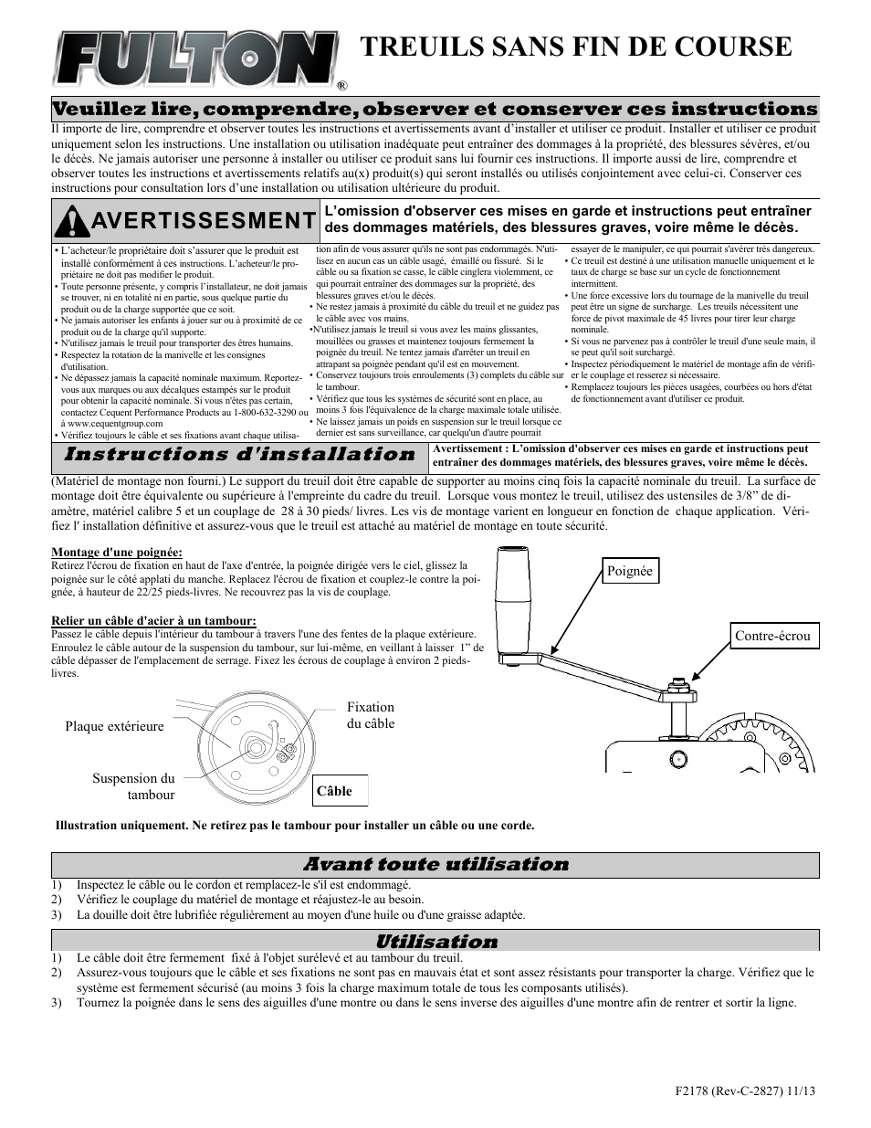 Treuils sans fin de course, Avertissesment, Instructions d'installation | Avant toute utilisation, Utilisation | Fulton Performance KW30000103 User Manual | Page 5 / 6