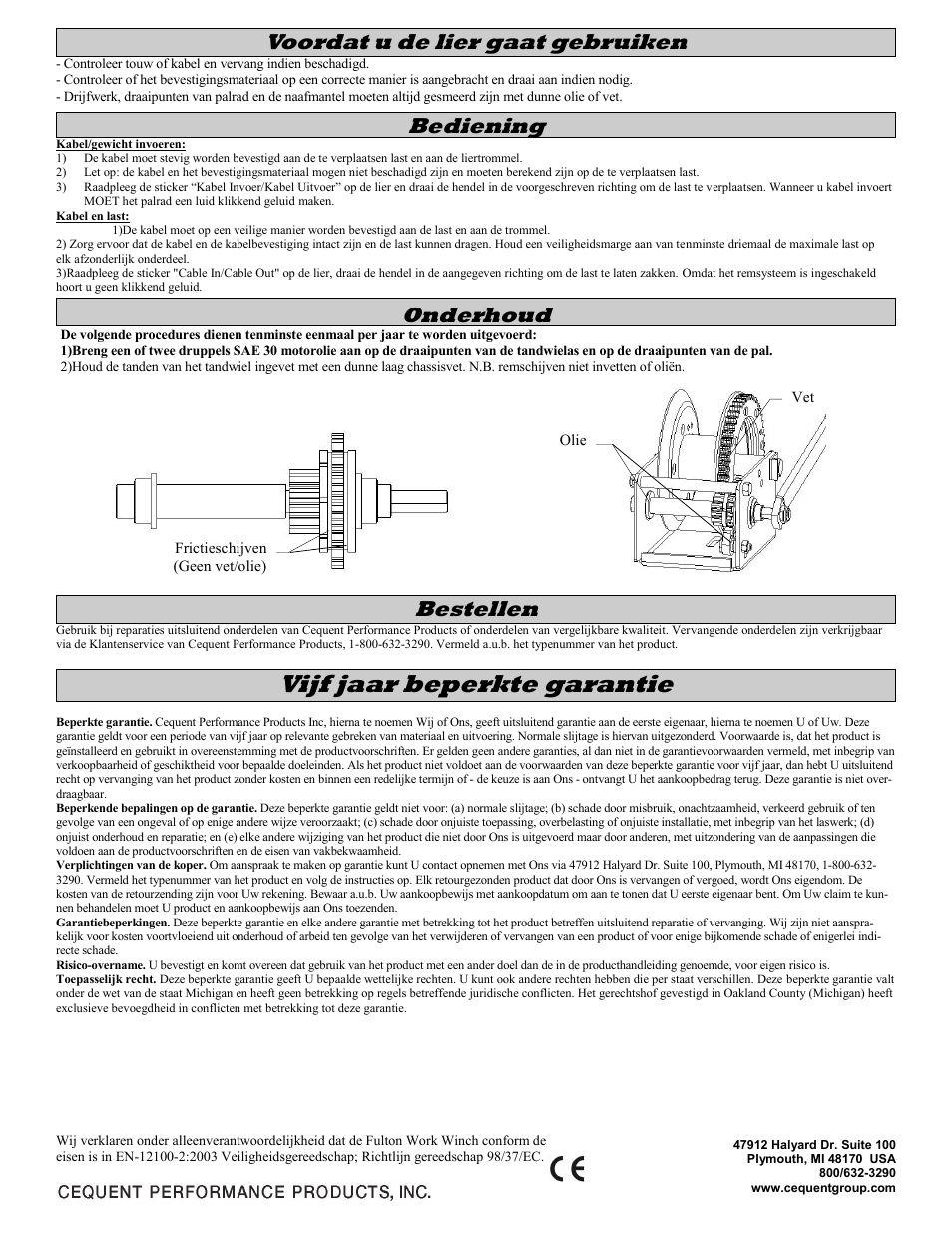 Vijf jaar beperkte garantie, Bestellen, Bediening voordat u de lier gaat gebruiken | Onderhoud | Fulton Performance KX15500301 User Manual | Page 10 / 10