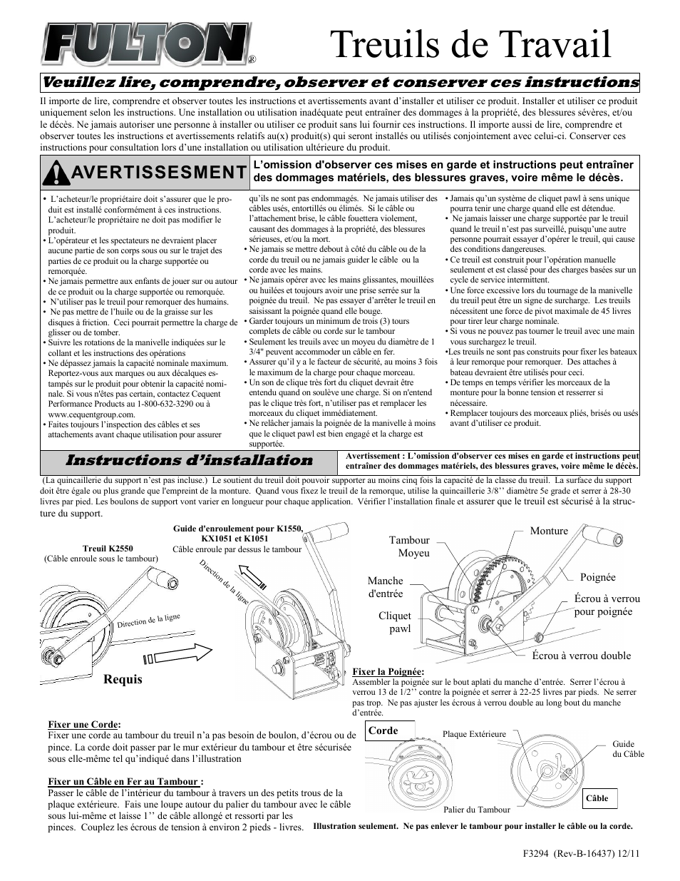 Treuils de travail, Avertissesment, Instructions d’installation | Requis | Fulton Performance KX15500301 User Manual | Page 3 / 10