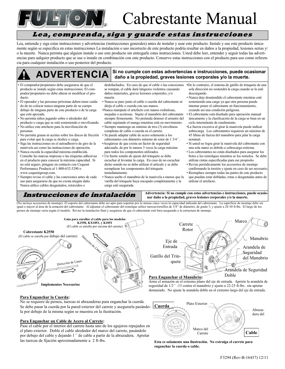 Cabrestante manual, Adverten, Instrucciones de instalación | Lea, comprenda, siga y guarde estas instrucciones | Fulton Performance KX15500301 User Manual | Page 5 / 10