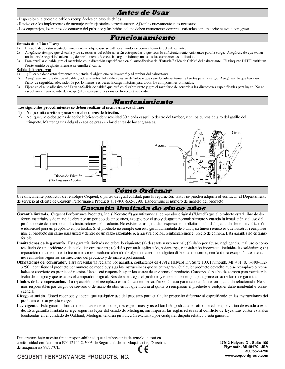 Cómo ordenar, Garantía limitada de cinco años, Funcionamiento antes de usar | Mantenimiento | Fulton Performance KX15500301 User Manual | Page 6 / 10