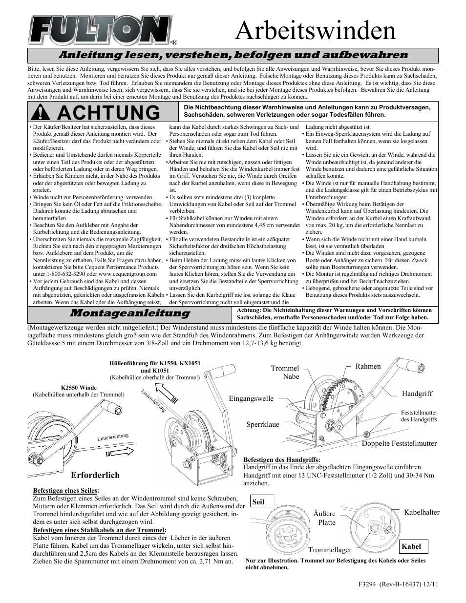 Arbeitswinden, Achtung, Montageanleitung | Erforderlich | Fulton Performance KX15500301 User Manual | Page 7 / 10