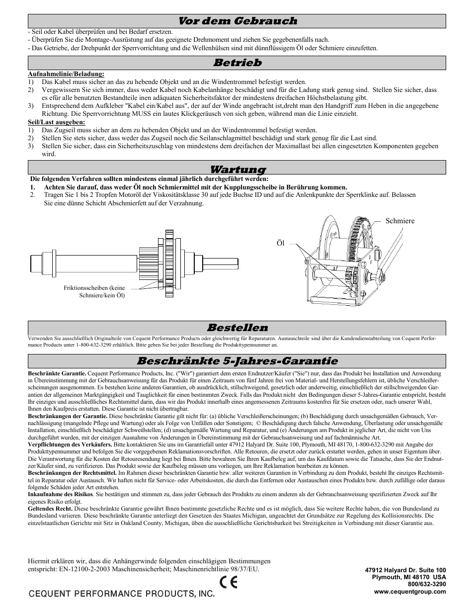 Bestellen, Beschränkte 5-jahres-garantie, Betrieb vor dem gebrauch | Wartung | Fulton Performance KX15500301 User Manual | Page 8 / 10