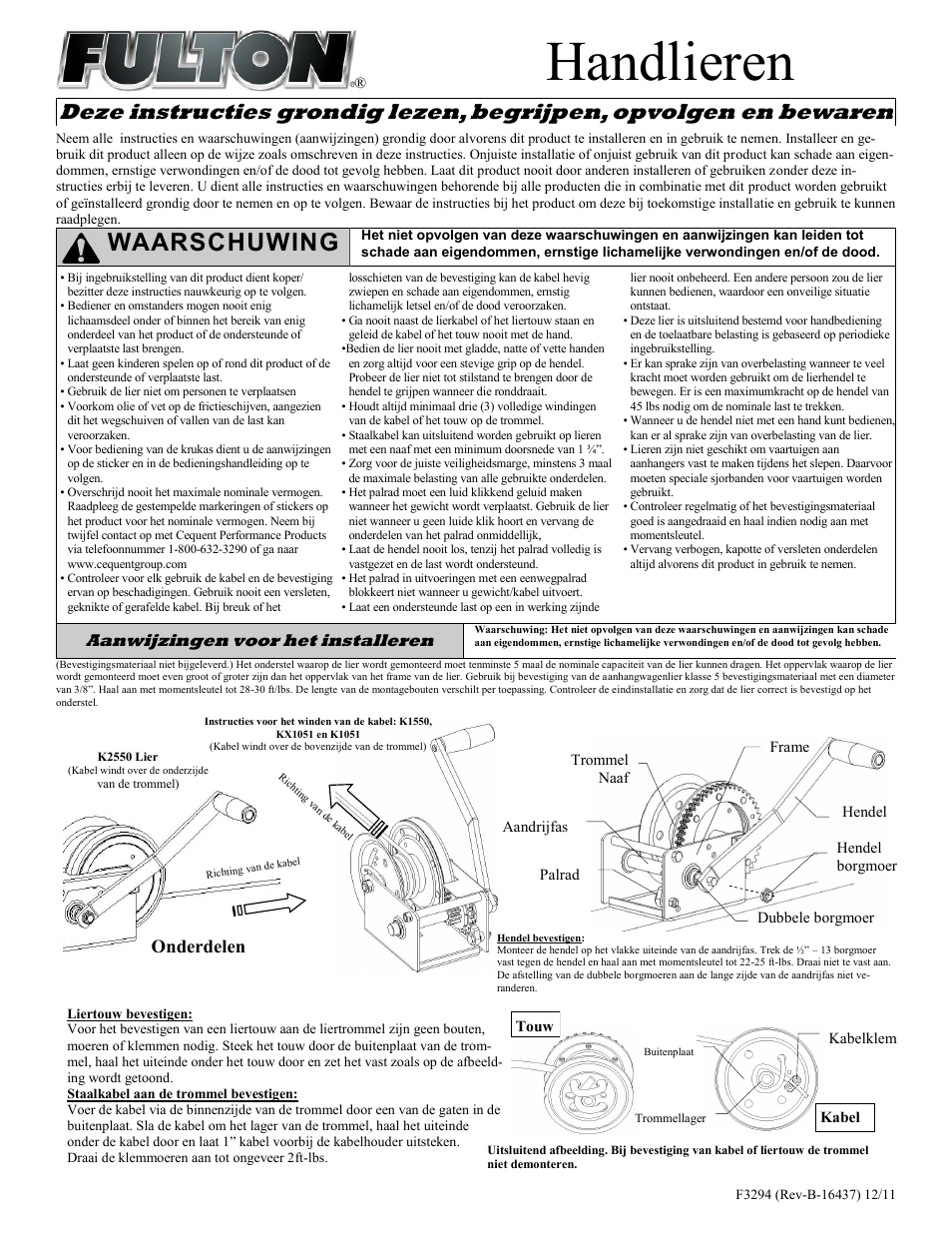 Handlieren, Waarschuwing, Aanwijzingen voor het installeren | Onderdelen | Fulton Performance KX15500301 User Manual | Page 9 / 10