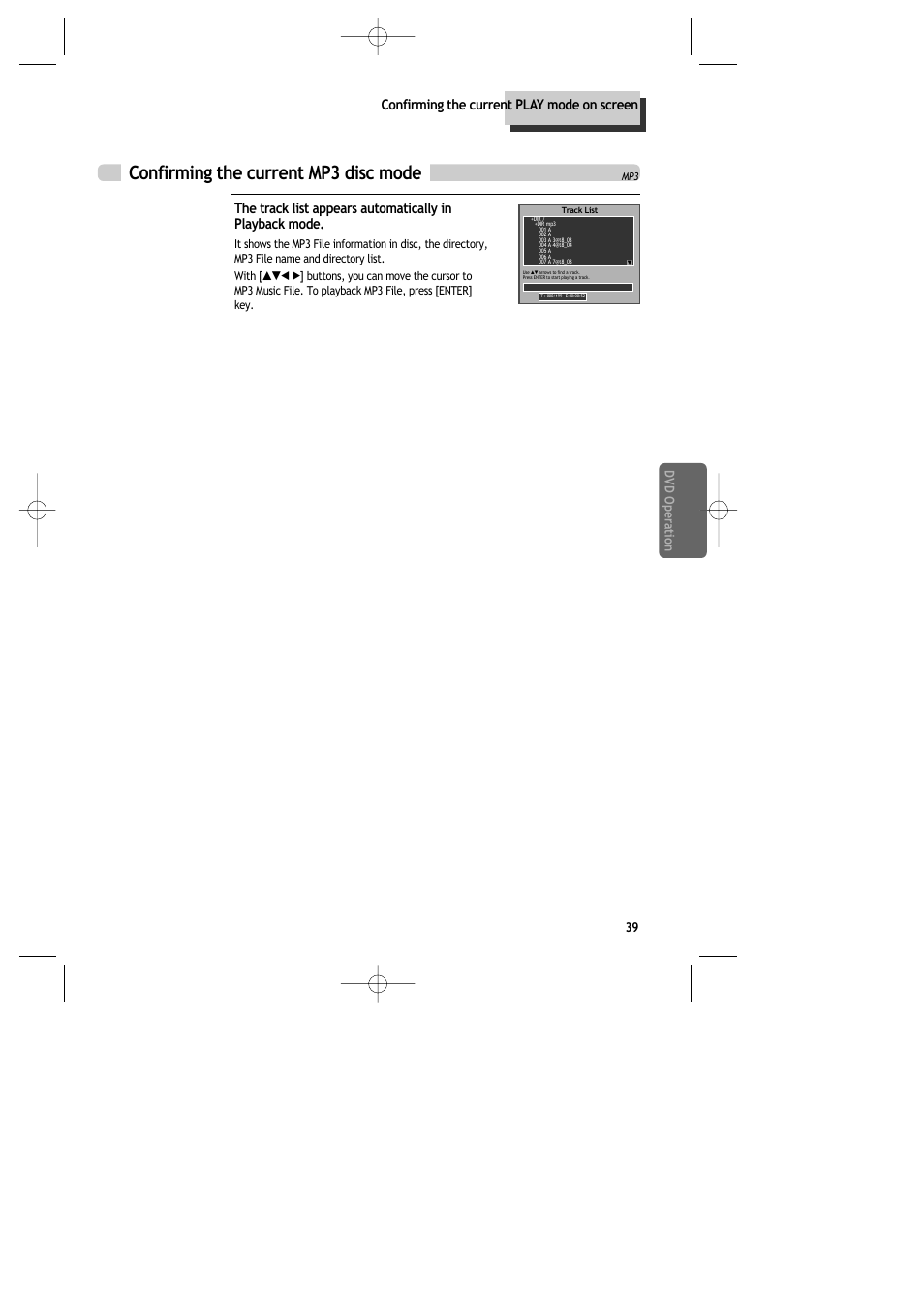 Confirming the current mp3 disc mode, Confirming the current play mode on screen, 39 dvd oper ation | Daewoo DR-C913B User Manual | Page 40 / 66