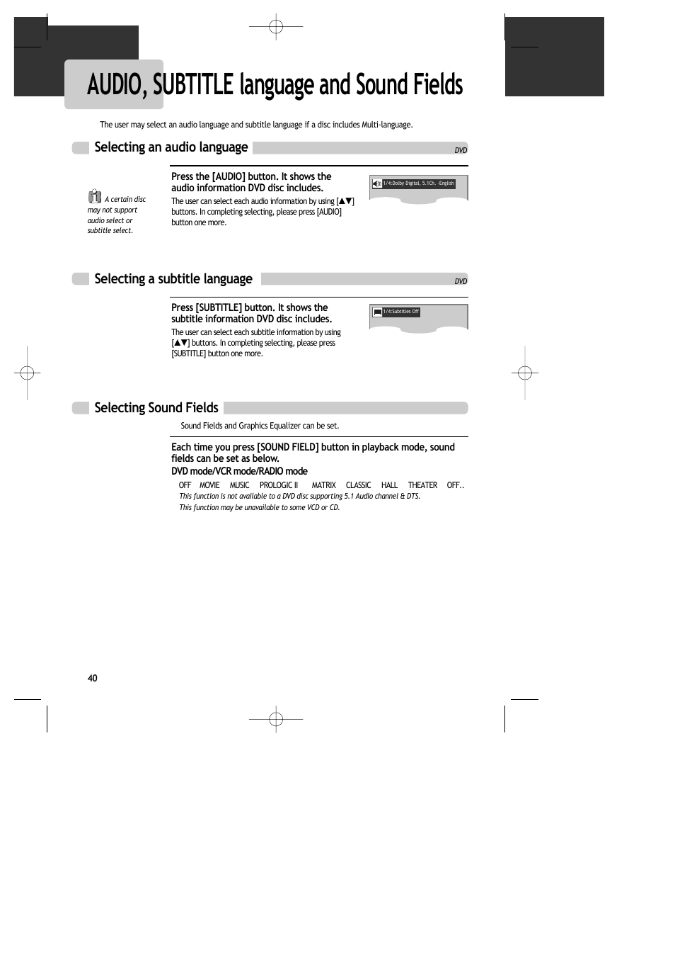 Audio, subtitle language and sound fields, Selecting an audio language | Daewoo DR-C913B User Manual | Page 41 / 66