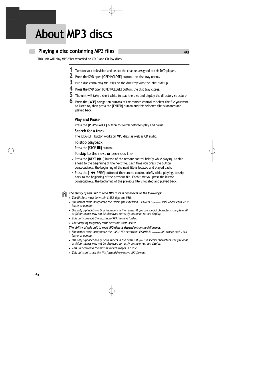 About mp3 discs, Playing a disc containing mp3 files | Daewoo DR-C913B User Manual | Page 43 / 66