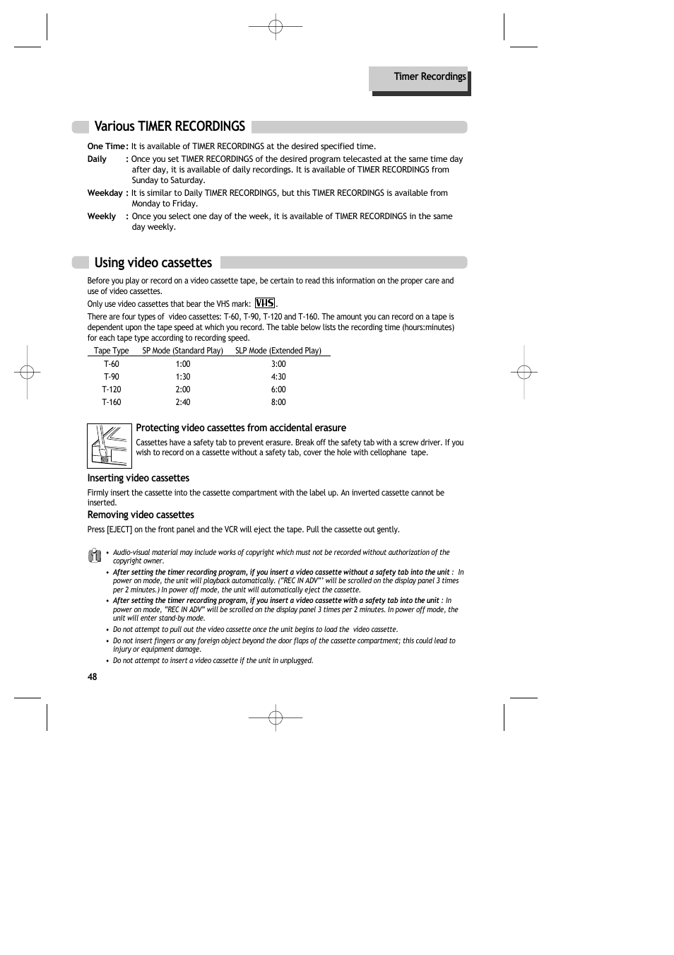 Using video cassettes, Various timer recordings | Daewoo DR-C913B User Manual | Page 49 / 66
