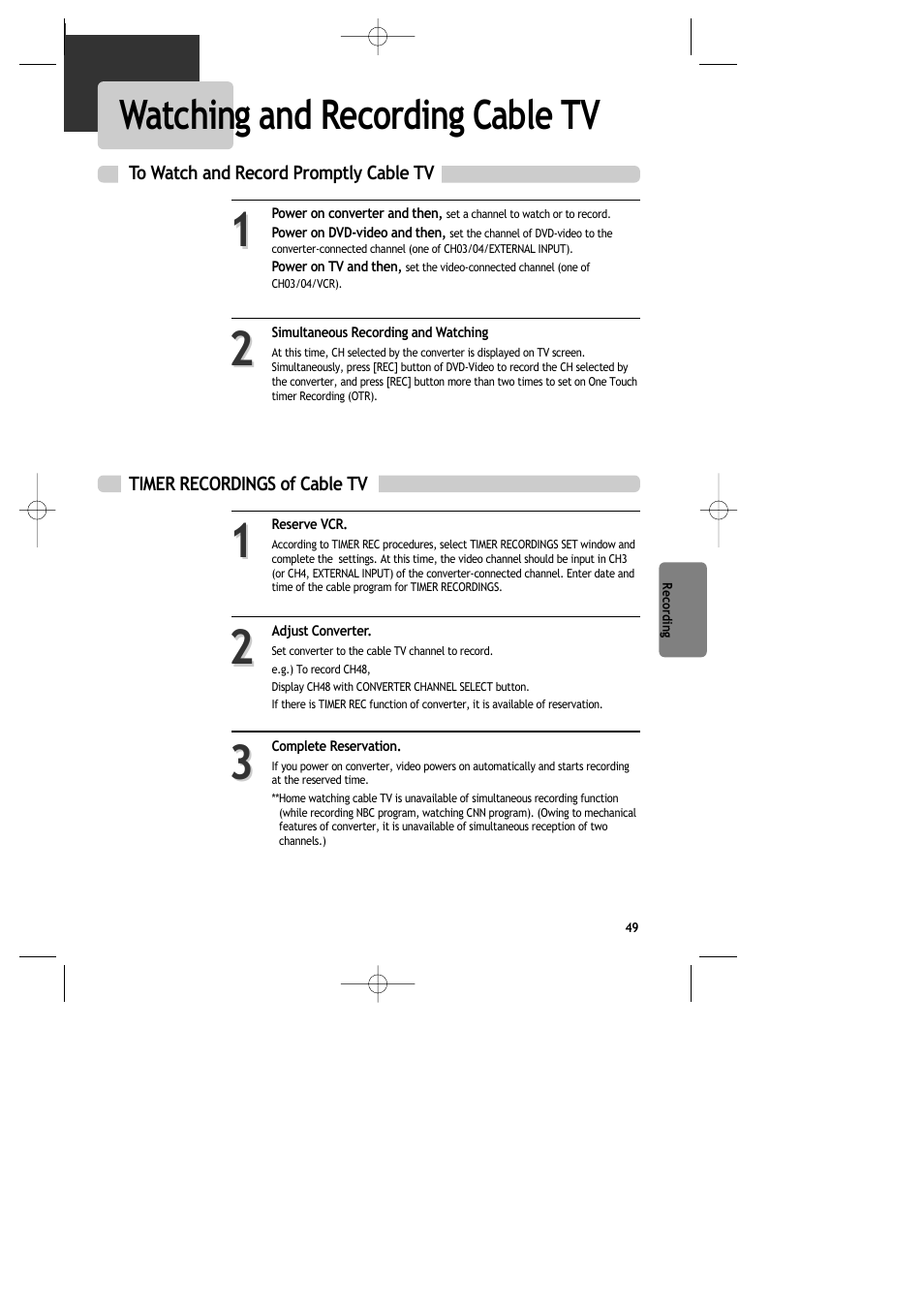 Watching and recording cable tv | Daewoo DR-C913B User Manual | Page 50 / 66