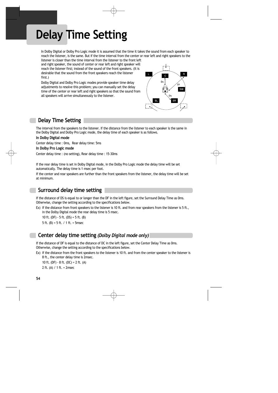 Delay time setting, Surround delay time setting, Center delay time setting | Daewoo DR-C913B User Manual | Page 55 / 66