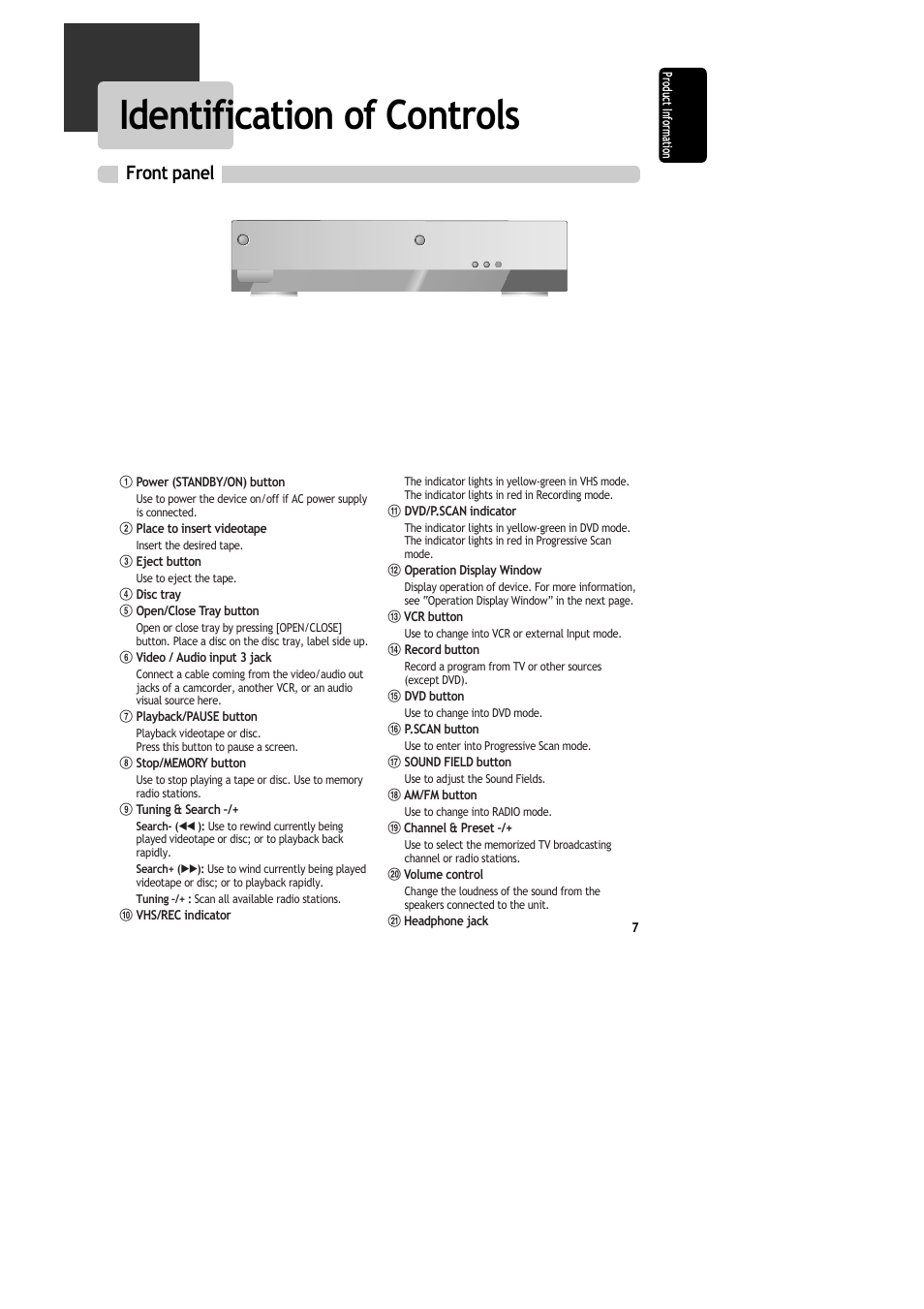 Identification of controls, Front panel | Daewoo DR-C913B User Manual | Page 8 / 66