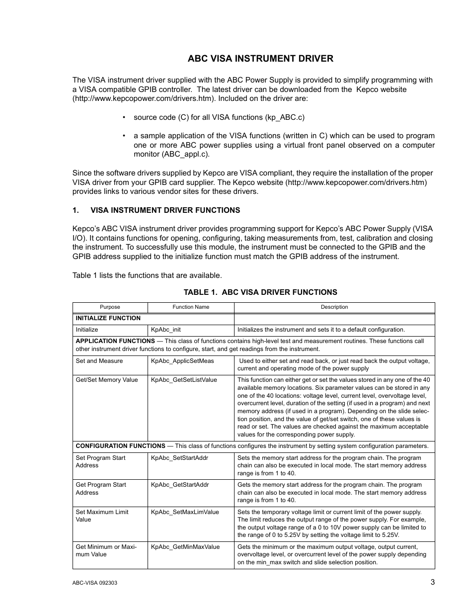 Visa instrument driver functions, Table 1. abc visa driver functions, Abc visa instrument driver | KEPCO ABC VISA INSTRUMENT DRIVER User Manual | Page 3 / 10