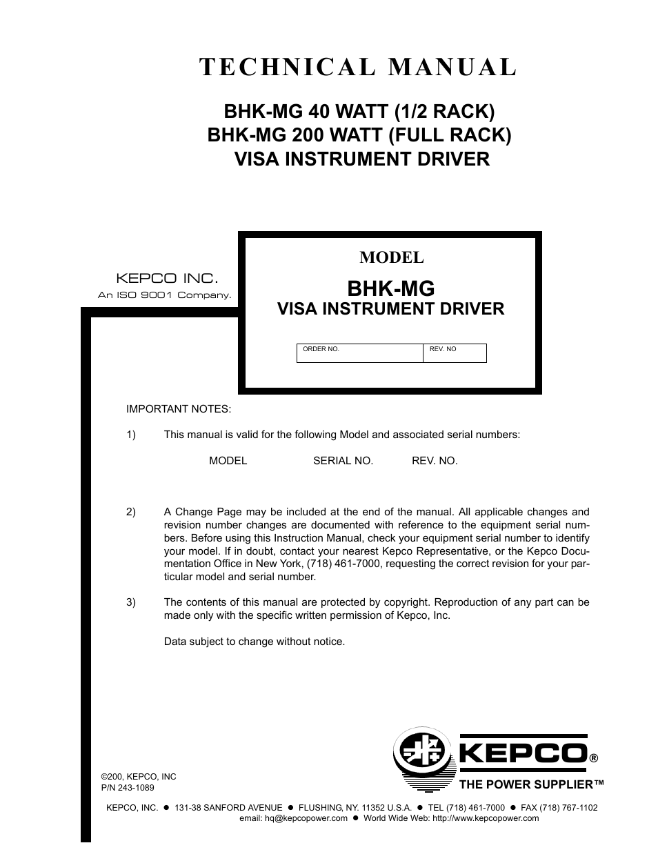 KEPCO BHK-MG VISA Driver Manual (Both Full and 1/2 Rack) User Manual | 16 pages