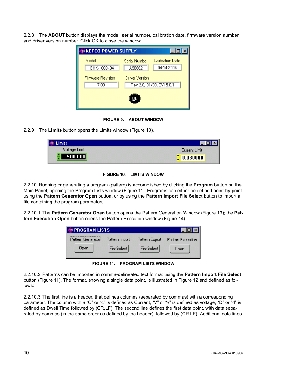 Figure 9. about window, Figure 10. limits window, Figure 11. program lists window | KEPCO BHK-MG VISA Driver Manual (Both Full and 1/2 Rack) User Manual | Page 10 / 16