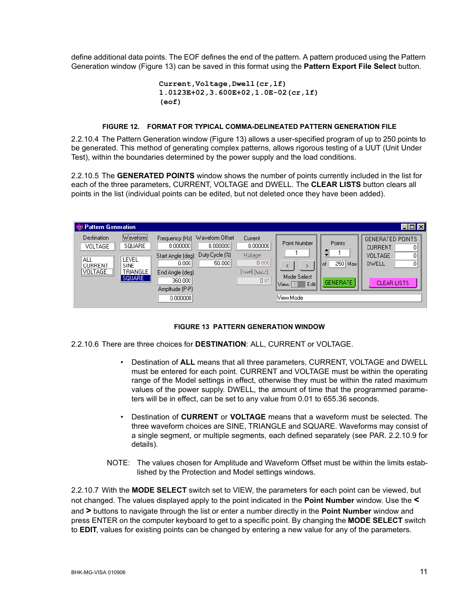 Figure 13 pattern generation window, 12 and defined as fol | KEPCO BHK-MG VISA Driver Manual (Both Full and 1/2 Rack) User Manual | Page 11 / 16