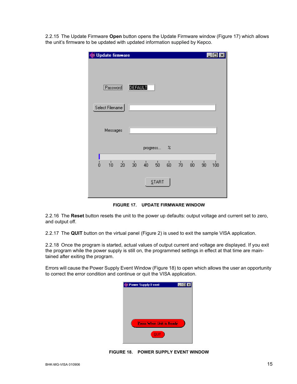 Figure 17. update firmware window, Figure 18. power supply event window | KEPCO BHK-MG VISA Driver Manual (Both Full and 1/2 Rack) User Manual | Page 15 / 16