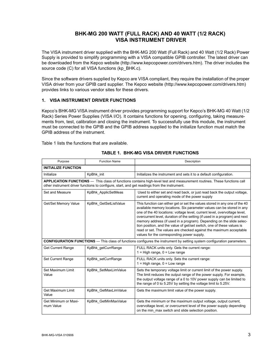 Visa instrument driver functions, Table 1. bhk-mg visa driver functions | KEPCO BHK-MG VISA Driver Manual (Both Full and 1/2 Rack) User Manual | Page 3 / 16