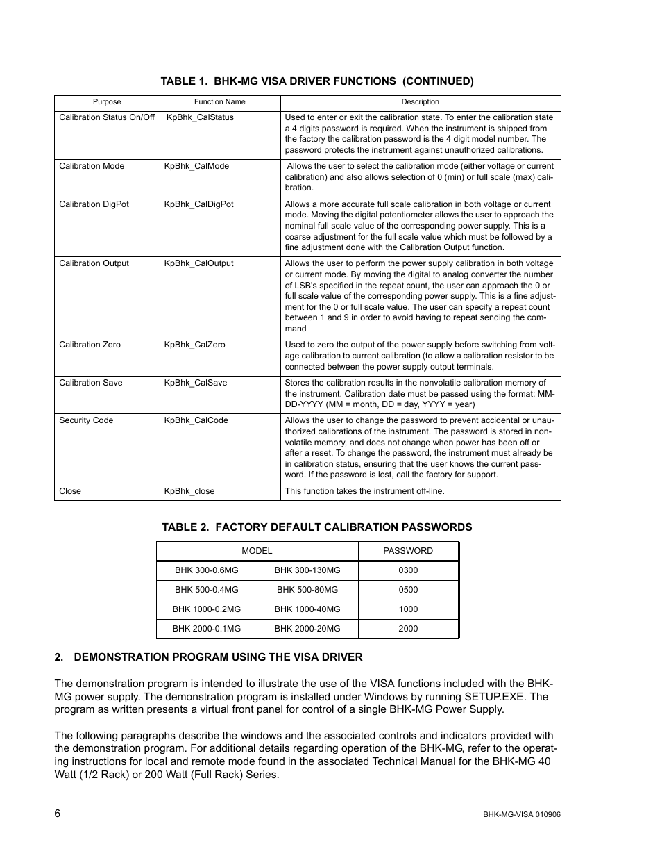 Table 2. factory default calibration passwords, Demonstration program using the visa driver | KEPCO BHK-MG VISA Driver Manual (Both Full and 1/2 Rack) User Manual | Page 6 / 16