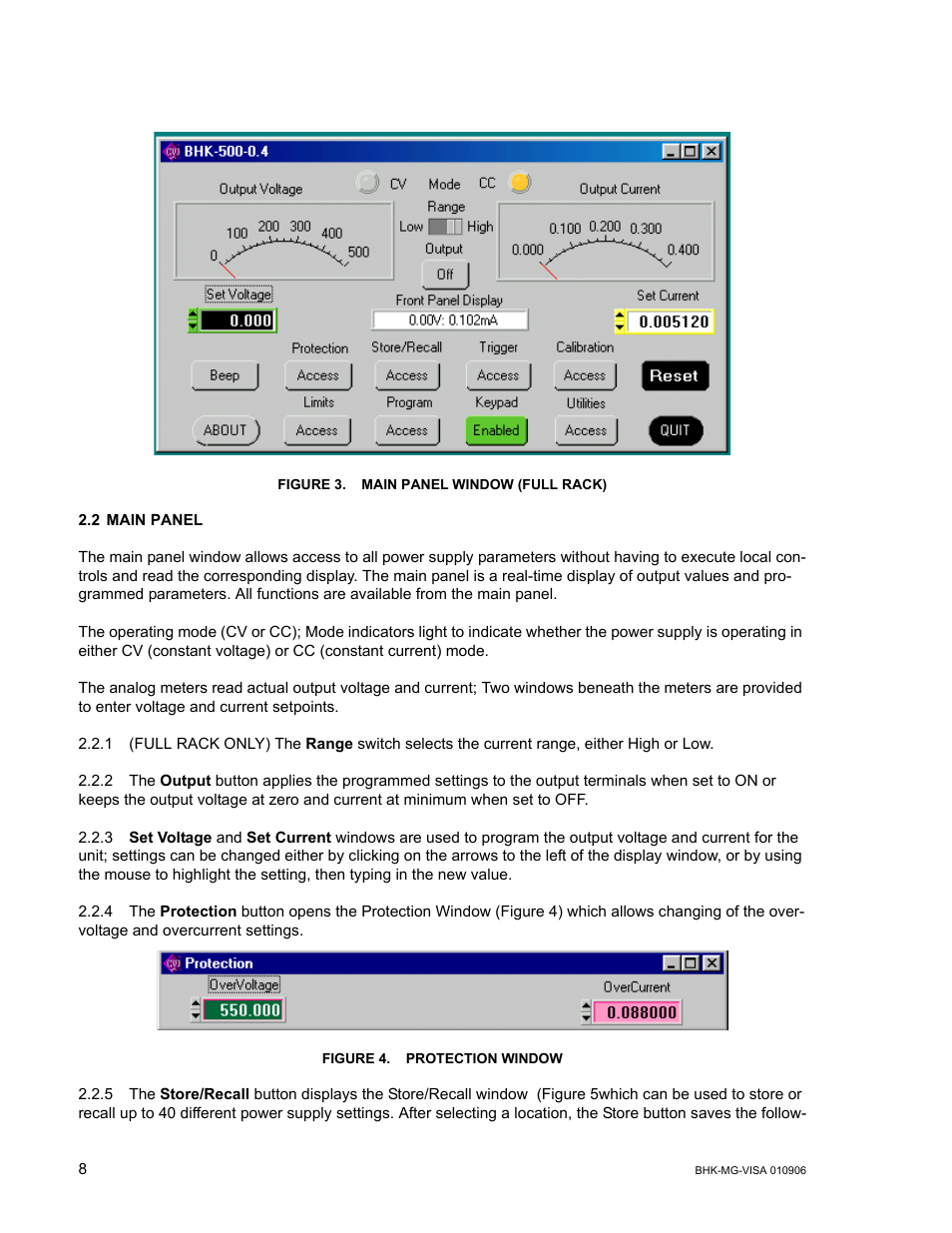 Figure 3. main panel window (full rack), 2 main panel, Figure 4. protection window | KEPCO BHK-MG VISA Driver Manual (Both Full and 1/2 Rack) User Manual | Page 8 / 16