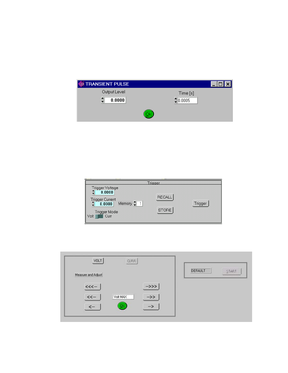 Figure 3. transient pulse window, Figure 4. trigger window, Figure 5. calibration window | KEPCO BOP VISA Driver (Universal, GPIB) User Manual | Page 5 / 10