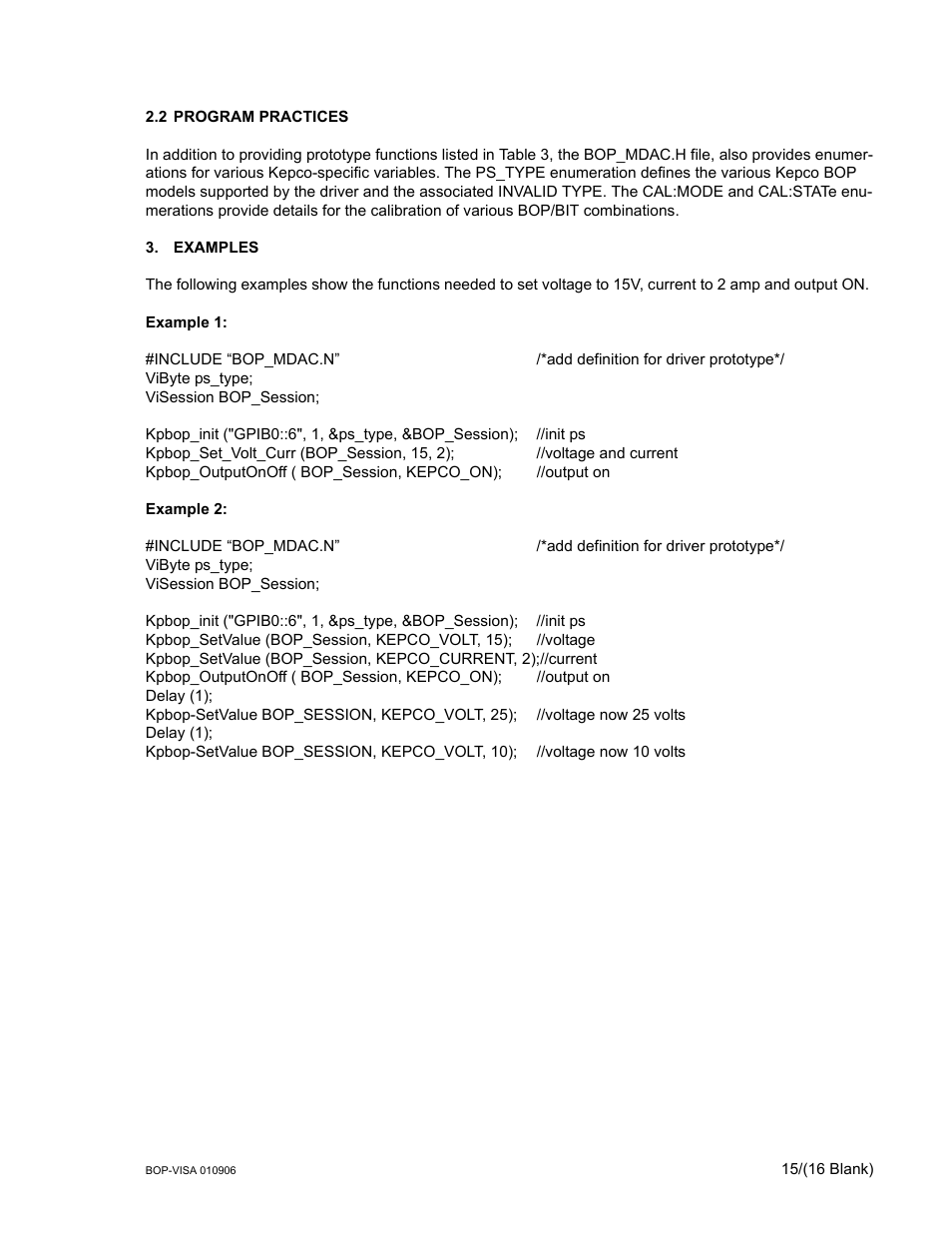 2 program practices, Examples | KEPCO BOP VISA Driver (Universal, GPIB) User Manual | Page 15 / 16