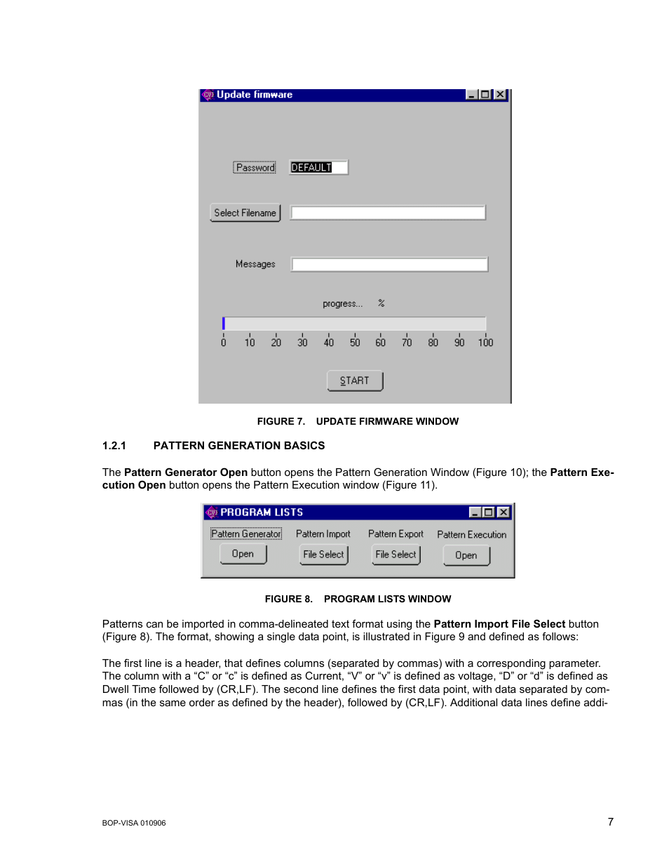 Figure 7. update firmware window, 1 pattern generation basics, Figure 8. program lists window | Dow (figure 7) whic, E 8) | KEPCO BOP VISA Driver (Universal, GPIB) User Manual | Page 7 / 16