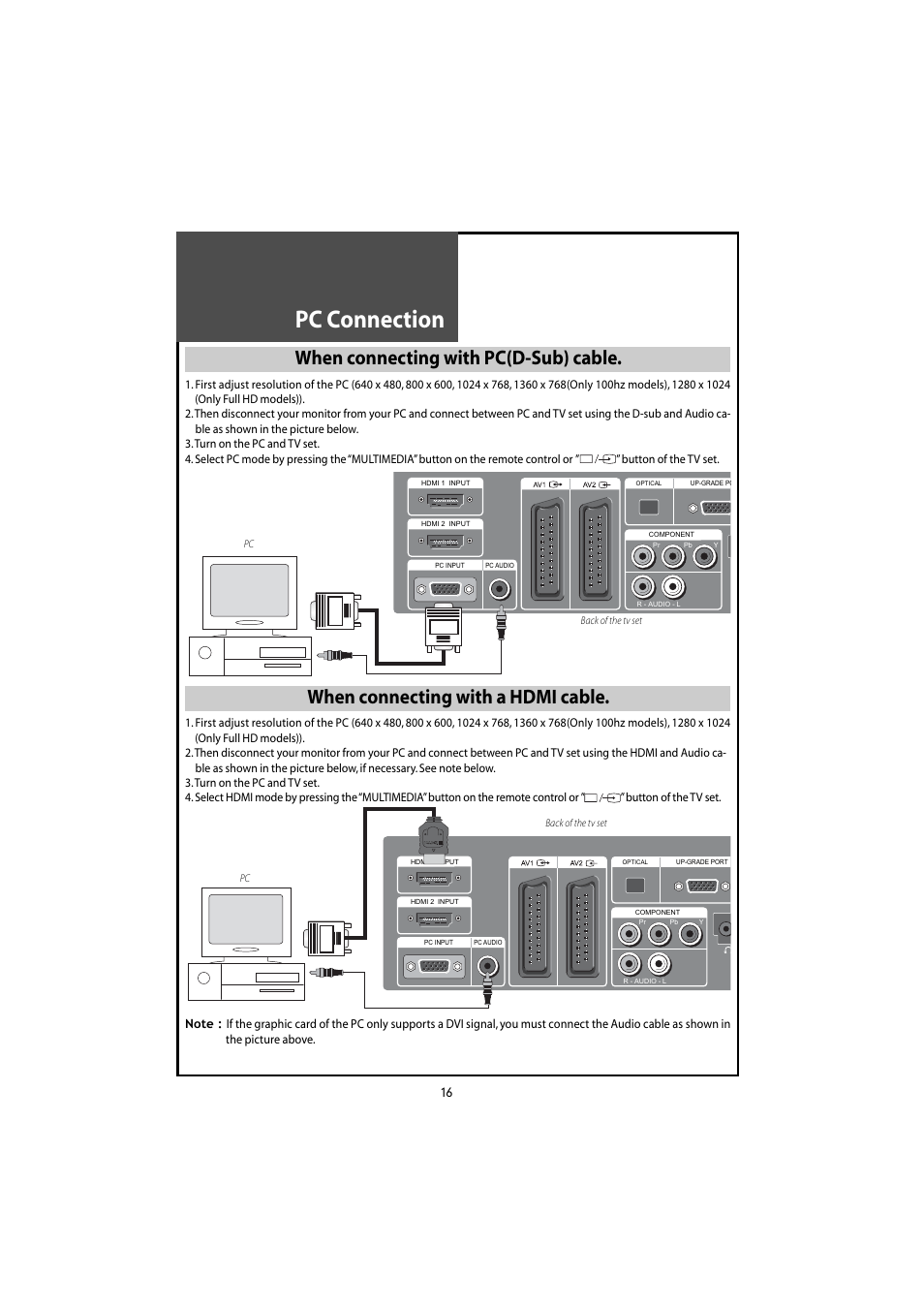 Pc connection, When connecting with pc(d-sub) cable, When connecting with a hdmi cable | Daewoo DLT-46U1HZ User Manual | Page 16 / 58