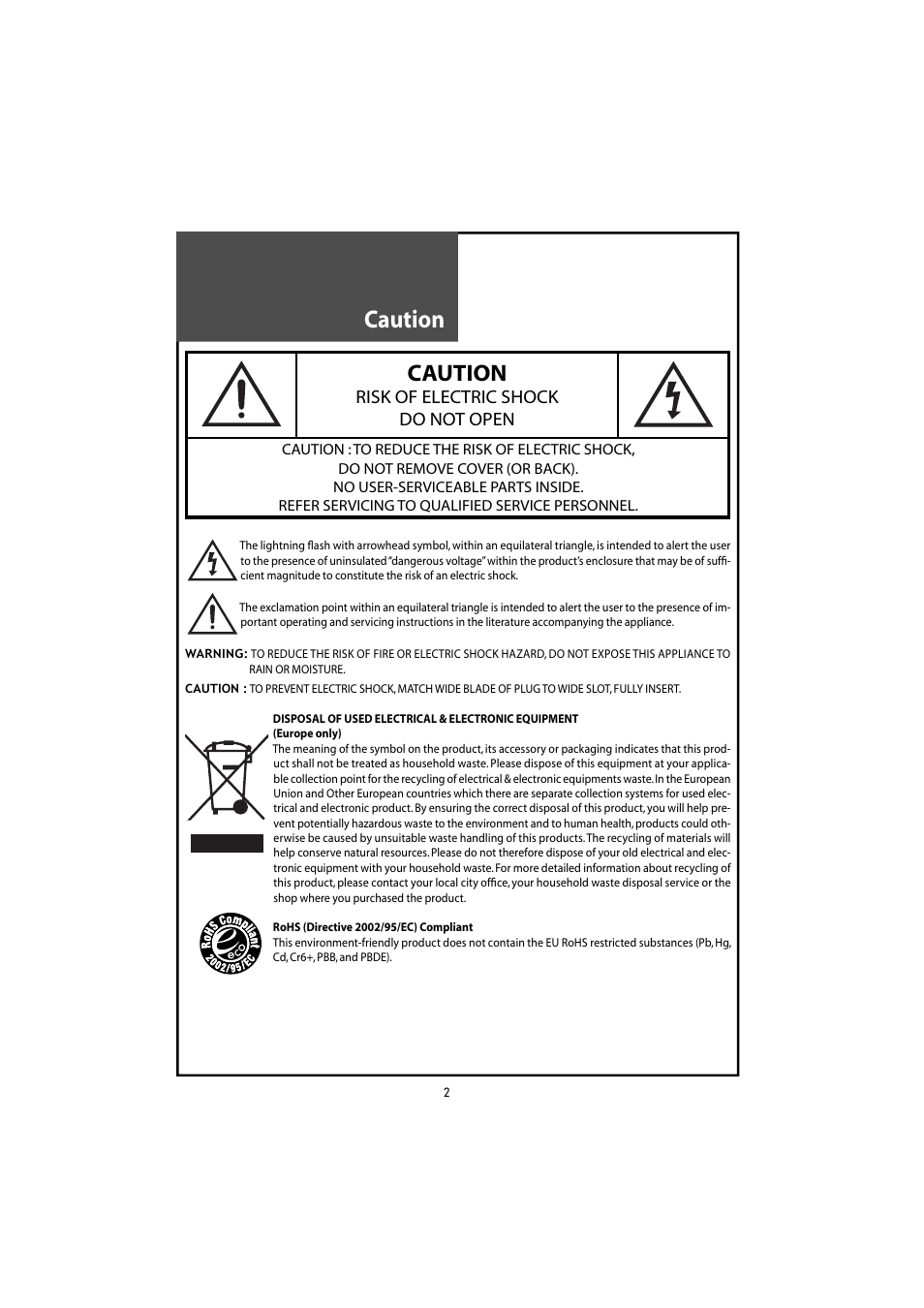 Caution, Risk of electric shock do not open | Daewoo DLT-46U1HZ User Manual | Page 2 / 58