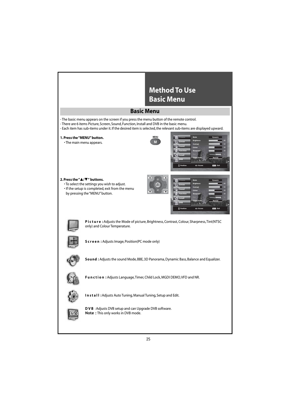 Method to use basic menu, Basic menu | Daewoo DLT-46U1HZ User Manual | Page 25 / 58