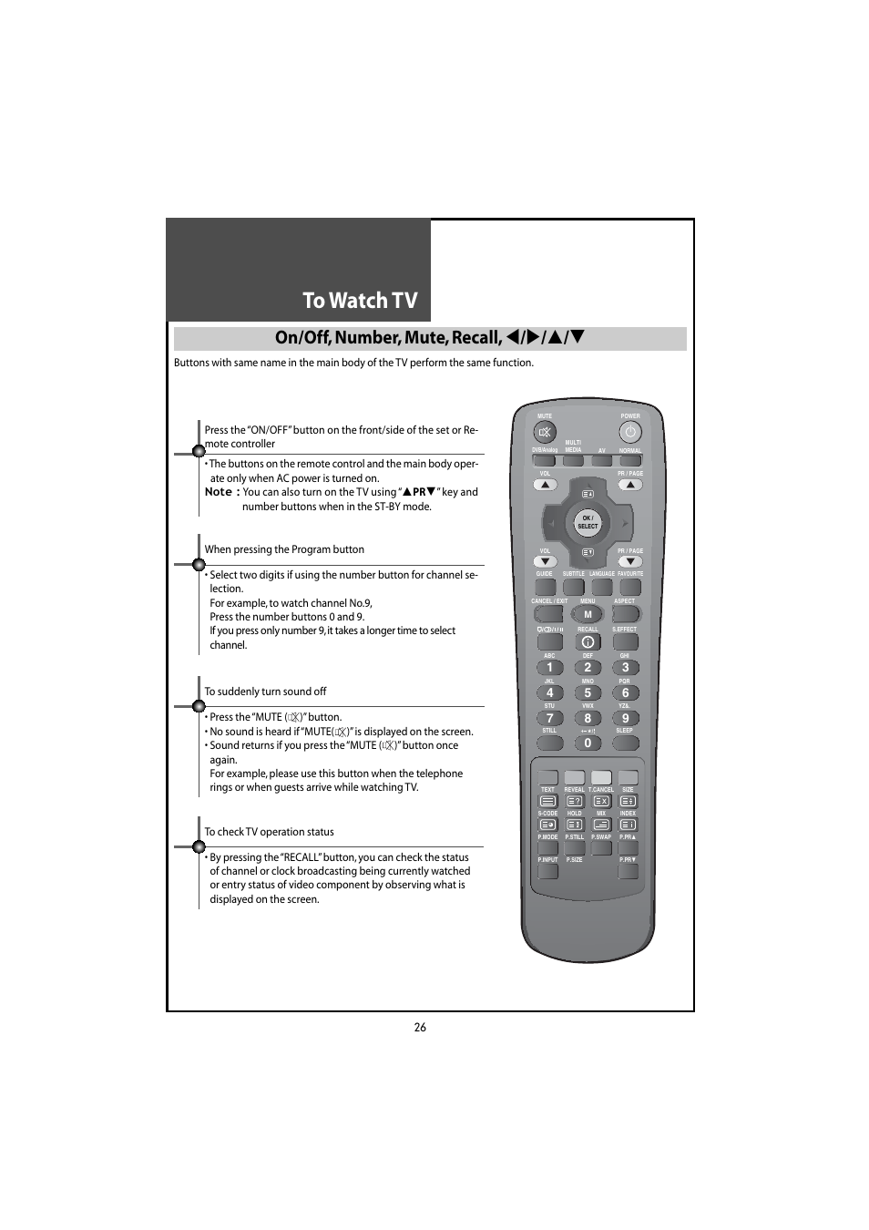 On/off, number, mute, recall | Daewoo DLT-46U1HZ User Manual | Page 26 / 58