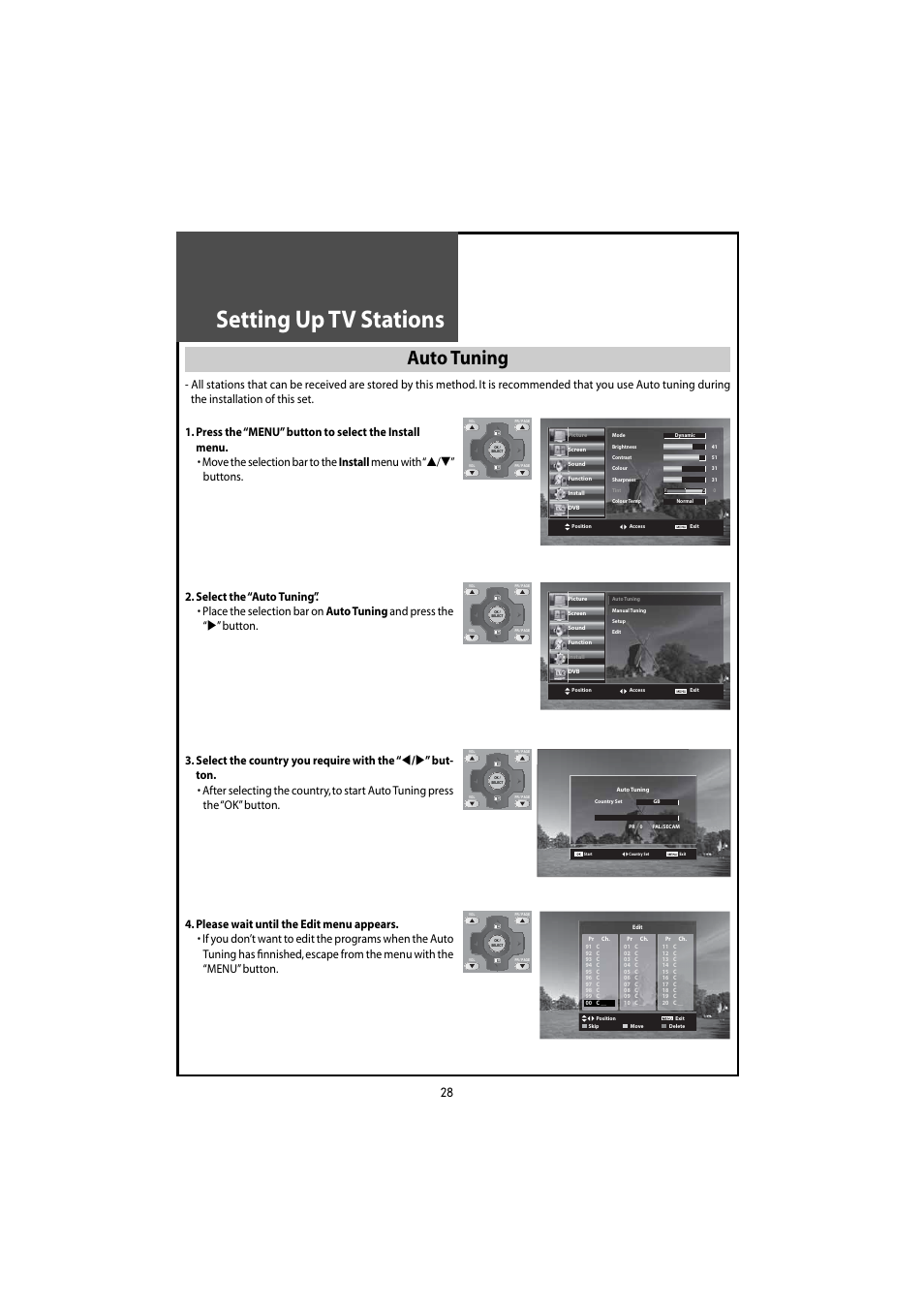 Setting up tv stations, Auto tuning | Daewoo DLT-46U1HZ User Manual | Page 28 / 58
