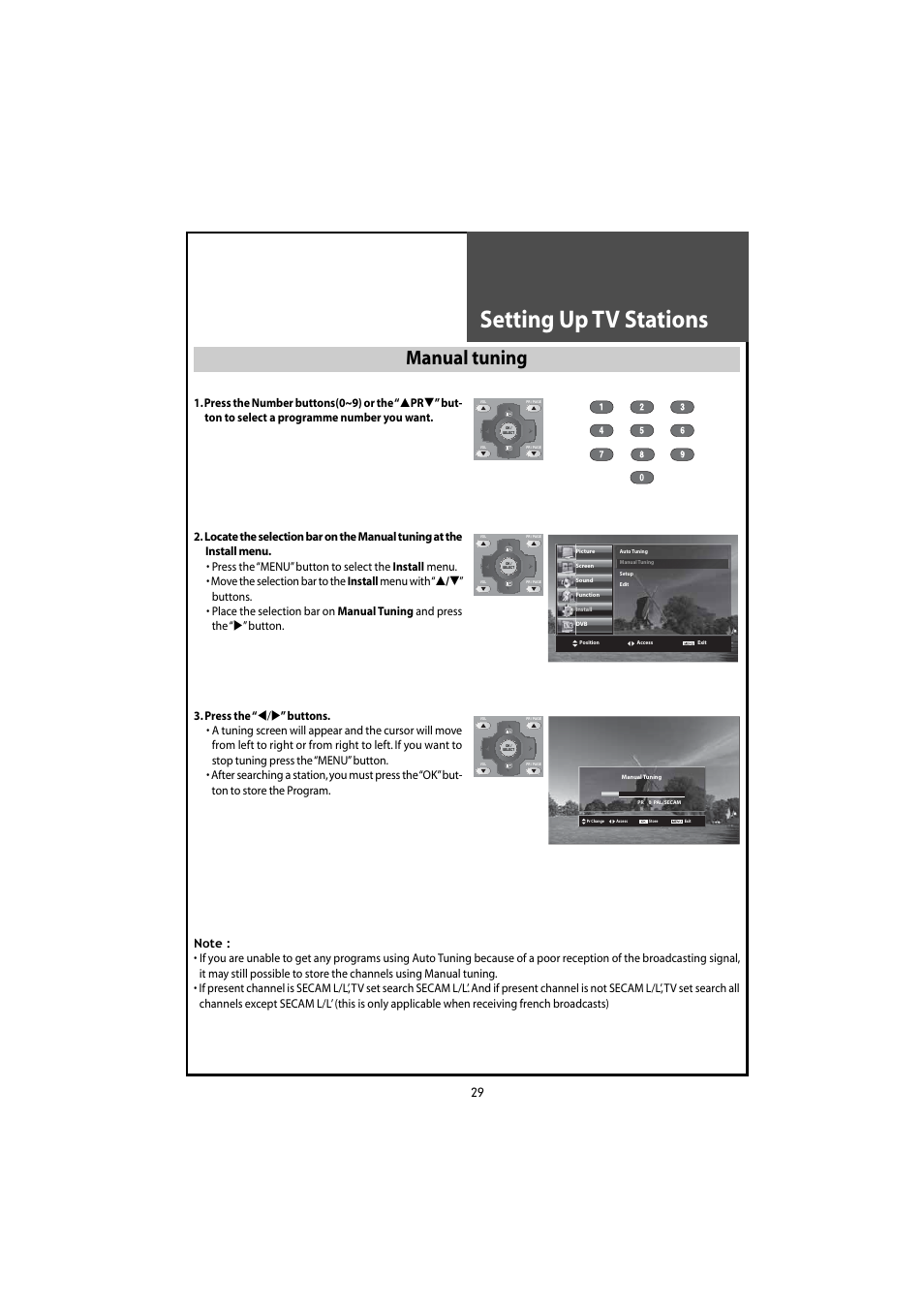 Setting up tv stations, Manual tuning | Daewoo DLT-46U1HZ User Manual | Page 29 / 58