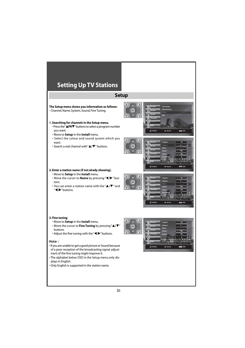 Setting up tv stations, Setup | Daewoo DLT-46U1HZ User Manual | Page 30 / 58