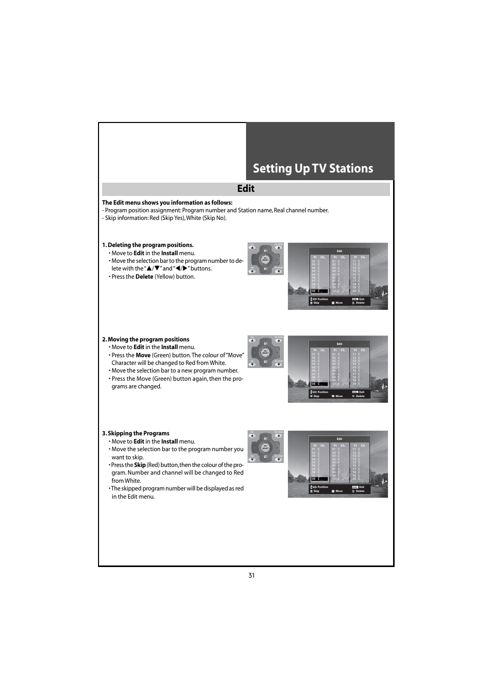 Setting up tv stations, Edit | Daewoo DLT-46U1HZ User Manual | Page 31 / 58