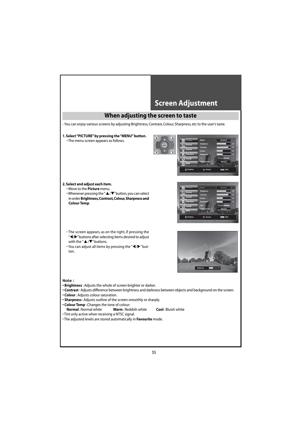 Screen adjustment, When adjusting the screen to taste | Daewoo DLT-46U1HZ User Manual | Page 35 / 58