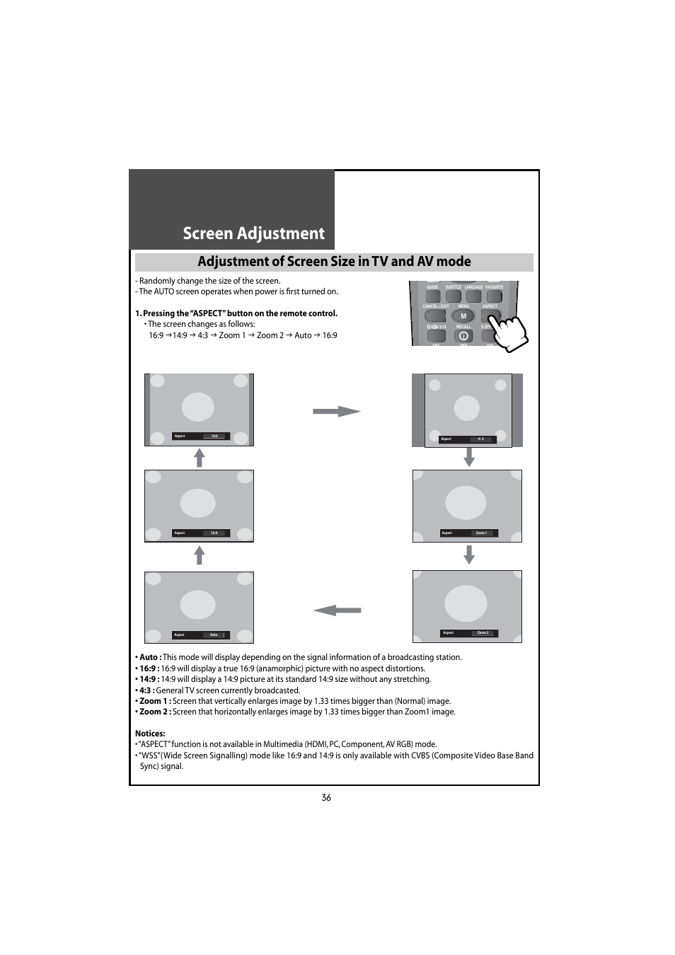 Screen adjustment, Adjustment of screen size in tv and av mode | Daewoo DLT-46U1HZ User Manual | Page 36 / 58