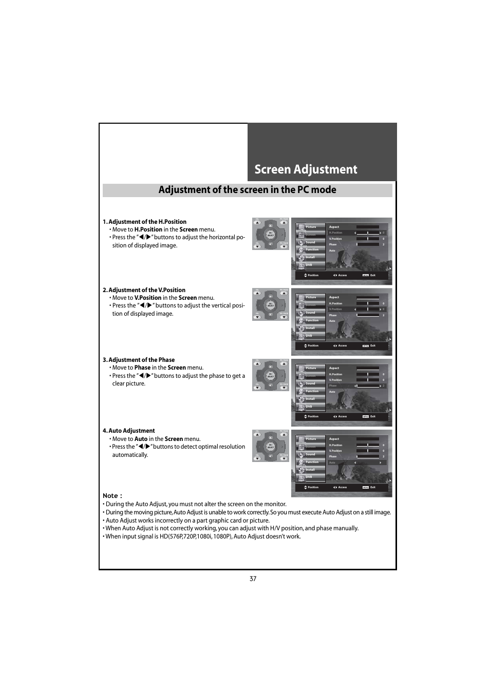 Screen adjustment, Adjustment of the screen in the pc mode | Daewoo DLT-46U1HZ User Manual | Page 37 / 58