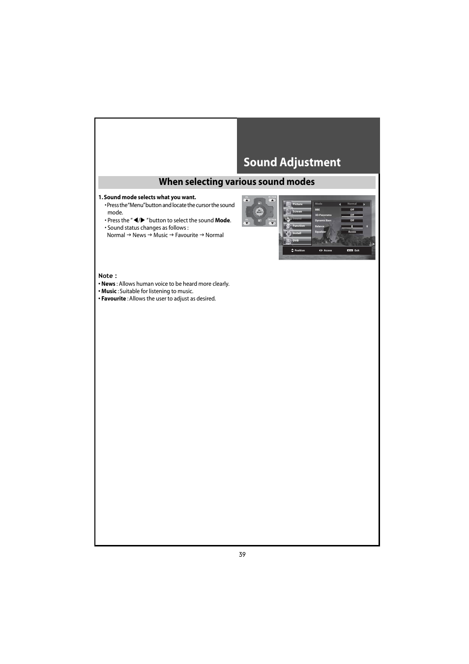 Sound adjustment, When selecting various sound modes | Daewoo DLT-46U1HZ User Manual | Page 39 / 58